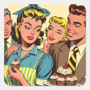 Retro Couple Cupcake Comic Quadratischer Aufkleber
