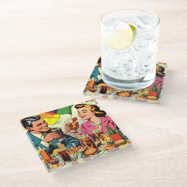 Retro Couple Drinks Comic Glasuntersetzer (Schrägansicht)