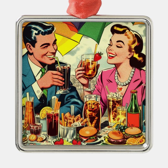 Retro Couple Drinks Comic Ornament Aus Metall (Vorne)