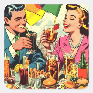 Retro Couple Drinks Comic Quadratischer Aufkleber
