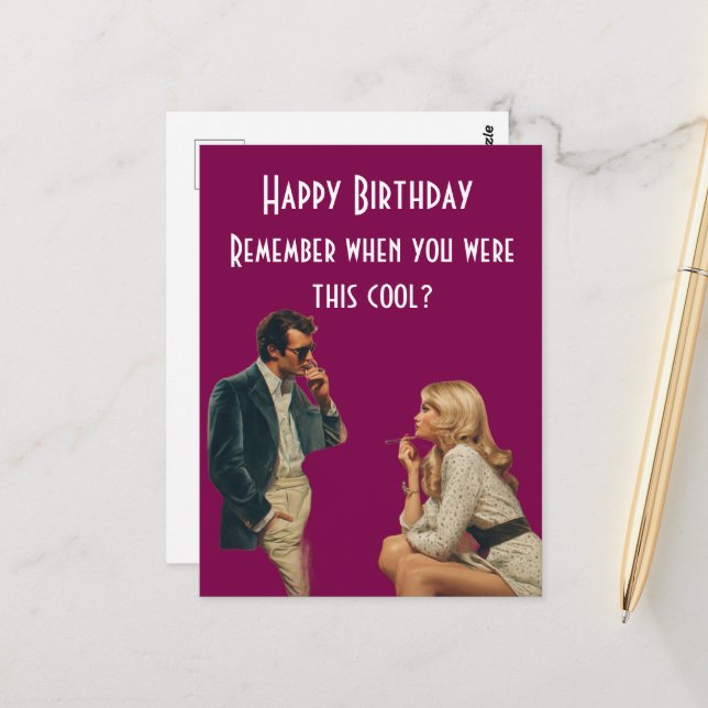 Retro Couple Happy Birthday Joke Postkarte (Vorderseite/Rückseite Beispiel)