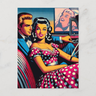 Retro Couple in Car am Drive in Movie Theater Postkarte