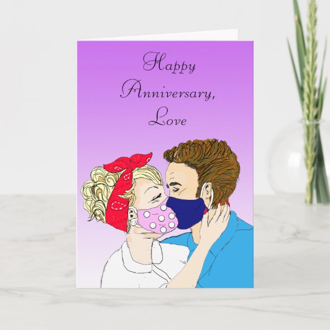 Retro Couple Kissing mit Facemasken auf Karte (Vorderseite)
