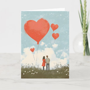 Retro Couple Red Balloons Feiertagskarte