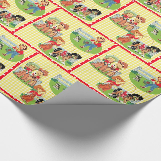 Retro Cowboy-Cowgirl-Kindergeburtstag-Gelb-Karo Geschenkpapier (Ecke)