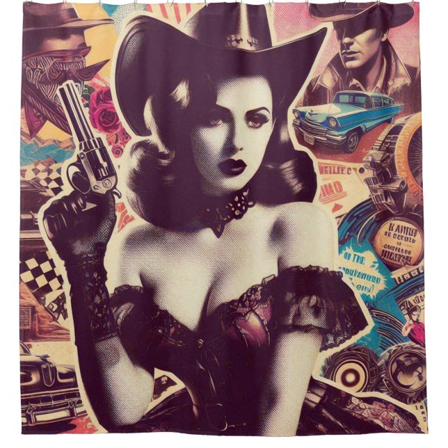 Retro Cowgirl Collage Duschvorhang (Vorderseite)