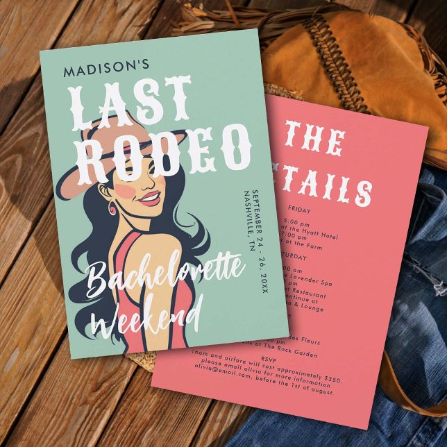 Retro Cowgirl Last Rodeo Glam Pink Bachelorette Einladung (last rodeo bachelorette weekend invitation itinerary retro vintage elegant glam cowgirl pink black )