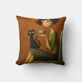 Retro Cozy Morning Black Cat Aesthetic Kissen