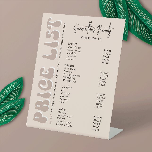 Retro Cream Moderner Wellness-Center Salon oder Sh Sockelschild (Stand out and embrace the retro charm with this trendy business price list pedestal sign design)