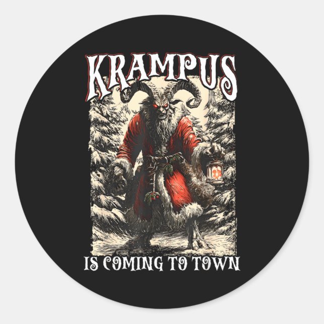 Retro Creepmas Krampus Is Coming To Town Dark Humo Runder Aufkleber (Vorderseite)