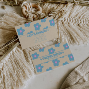 Retro-Creme-Blau-Groovy-Blumen-Boho-Einzigartig 70 Visitenkarte