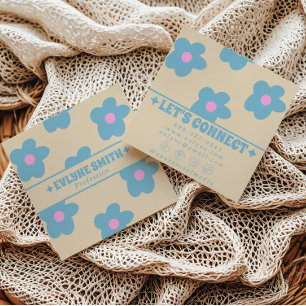 Retro-Creme-Blau-Groovy-Blumen-Trendy-Fun-Boho Quadratische Visitenkarte