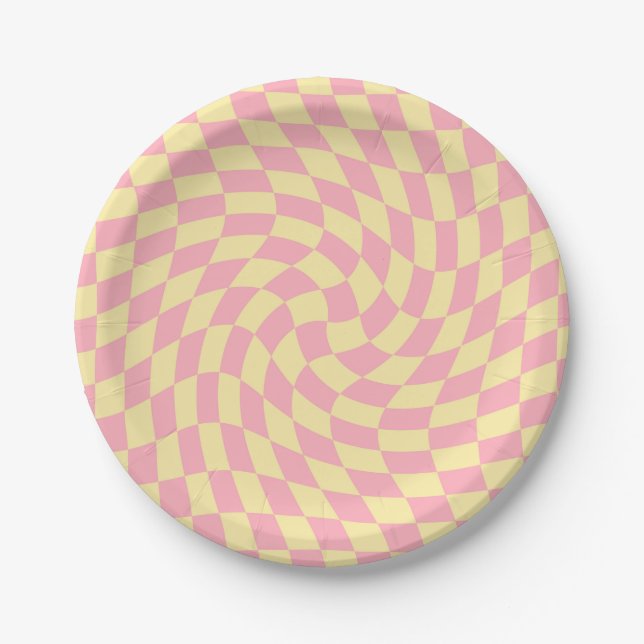 Retro Creme Peach Pink Karo Warpüberzug Karton Pappteller (Vorderseite)