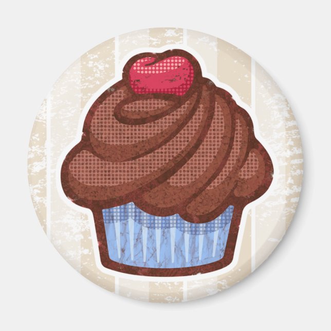 Retro Cupcake Magnet in Blau und Schokolade (Vorne)