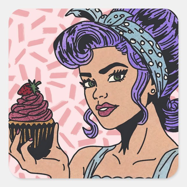 Retro Cupcake Pop Art Comic Quadratischer Aufkleber (Vorderseite)