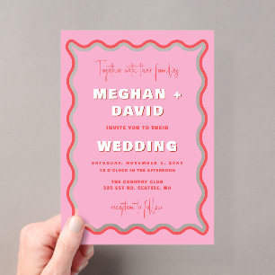 Retro Curve Squiggle Wavy Pink Red Foto Wedding Acryleinladungen