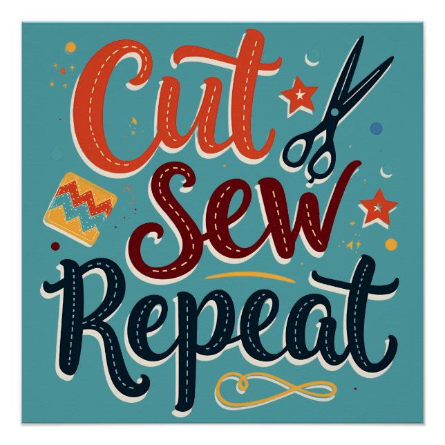 Retro "Cut Sew Repeat" Nähen Lover Design Poster (Vorderseite)