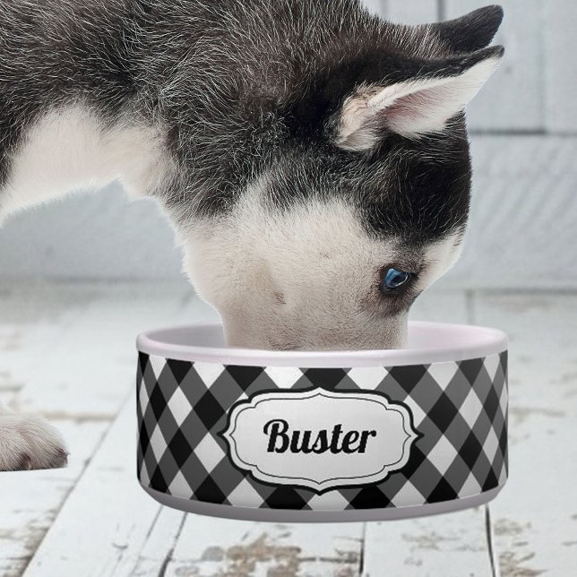 Retro Cute Black & White Gingham Check pet bowl  Napf (personalized black and white gingham check bowl for good)