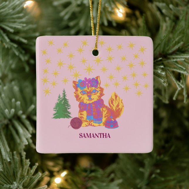 Retro Cute Cat Christmas  Keramikornament (Baum)