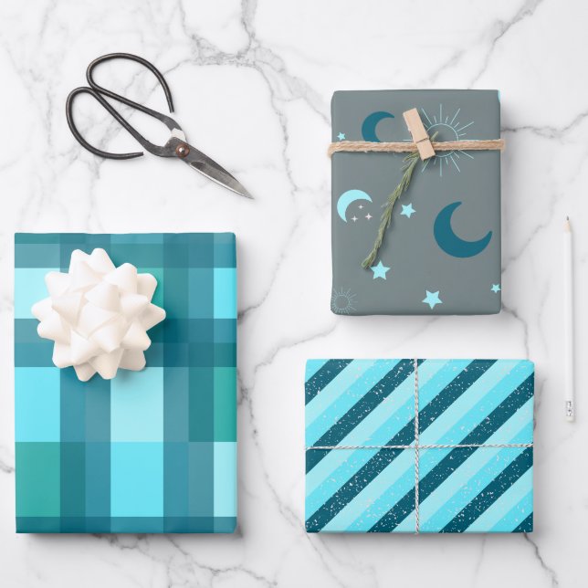 Retro Cyan Chic Wrapping Paper Geschenkpapier Set (Vorderseite)