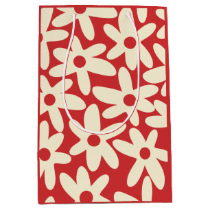 Retro Daisies Blumenmuster Rot und Creme Mittlere Geschenktüte