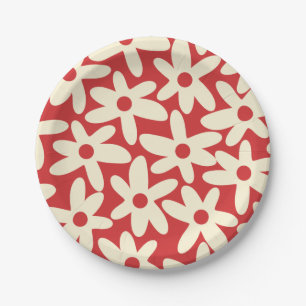 Retro Daisies Blumenmuster Rot und Creme Pappteller