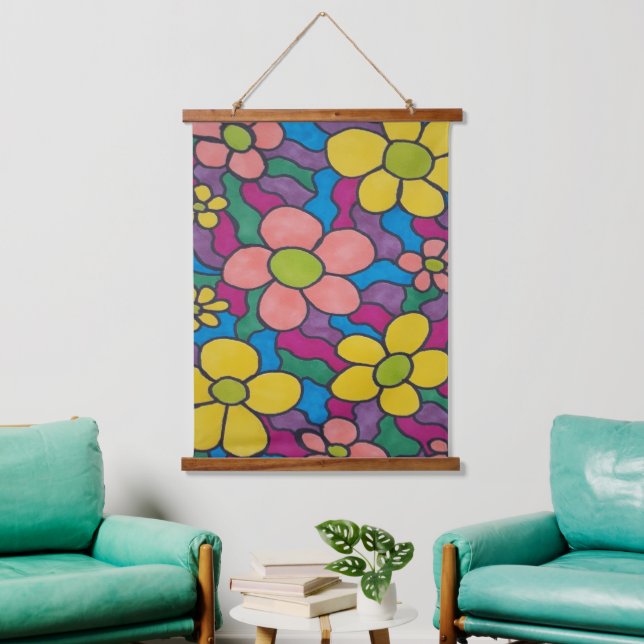 Retro Daisies farbenfrohe Printwerbung Wandteppich Mit Holzrahmen (Wohnzimmer)