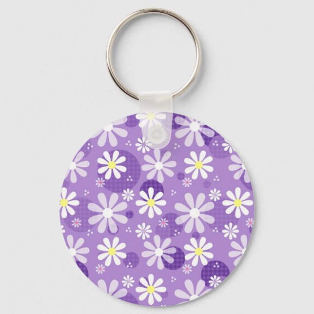 Retro Daisies Lila Gingham Circles Schlüsselanhänger (Vorderseite)