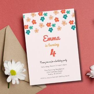 Retro Daisies Pink Girls Geburtstagsparty Einladun Einladung