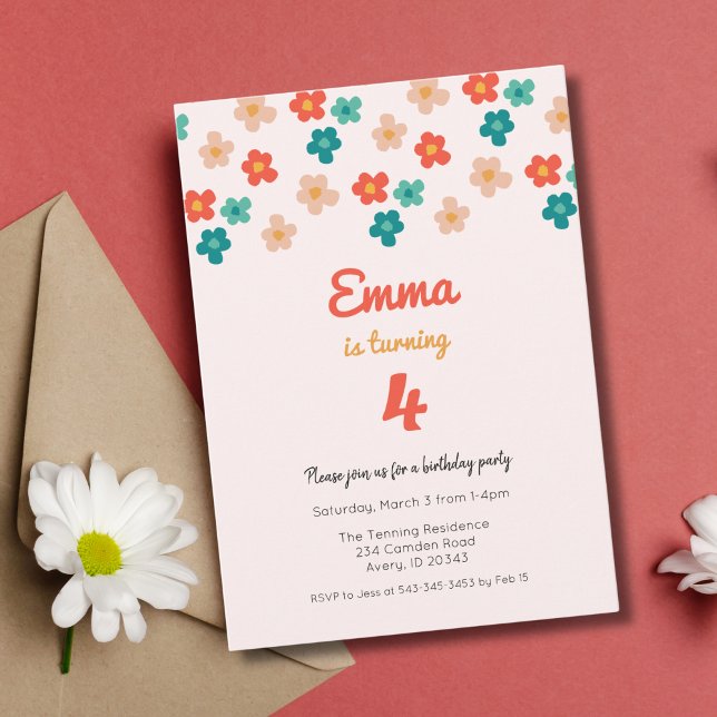 Retro Daisies Rose Girls Invitation de fête d'anni (Créateur téléchargé)