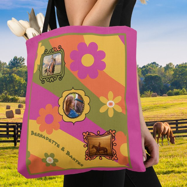 Retro Daisy 3 Foto Horse Pet Collage und Name Tasche (Von Creator hochgeladen)
