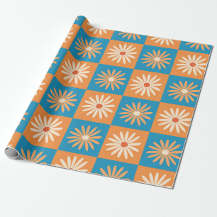 Retro-Daisy auf blauem und orangem Schachbrettmust Geschenkpapier