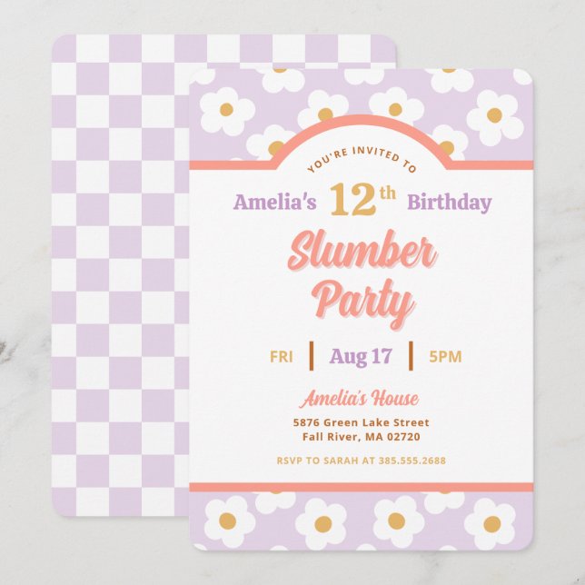 Retro Daisy Birthday Slumber Party Einladung (Vorne/Hinten)