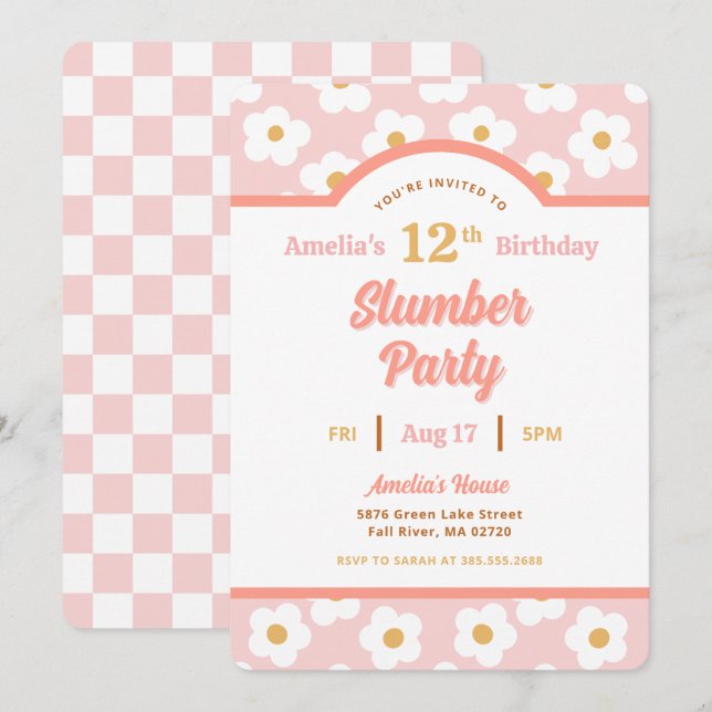 Retro Daisy Birthday Slumber Party Einladung (Vorne/Hinten)
