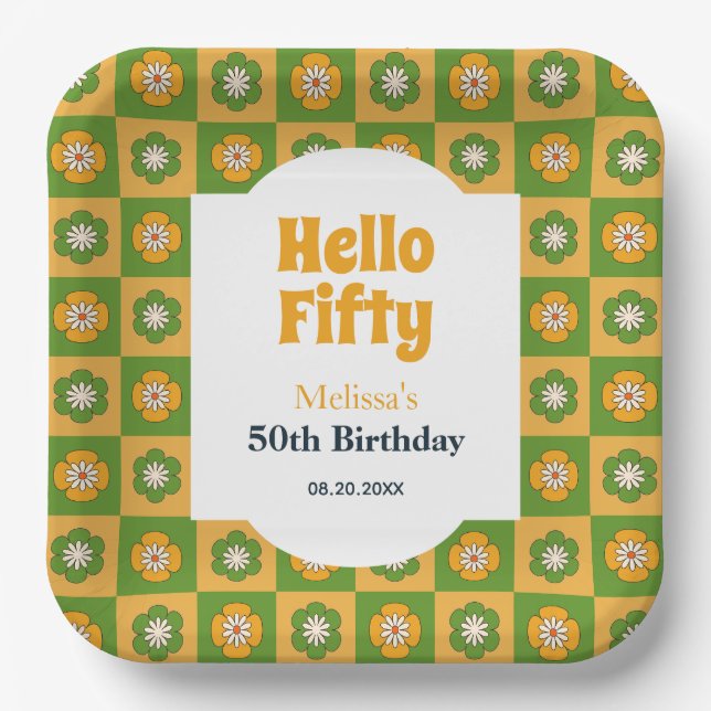 Retro Daisy Blume Checkered Hallo 50 Geburtstag Pappteller (Vorderseite)