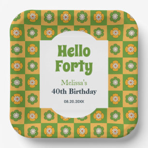 Retro Daisy Blume Checkered Hello 40 Geburtstag Pappteller