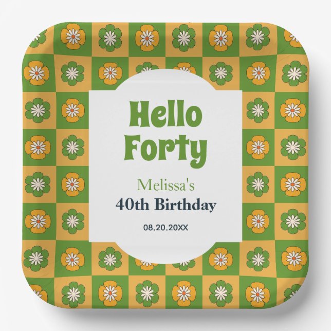 Retro Daisy Blume Checkered Hello 40 Geburtstag Pappteller (Vorderseite)