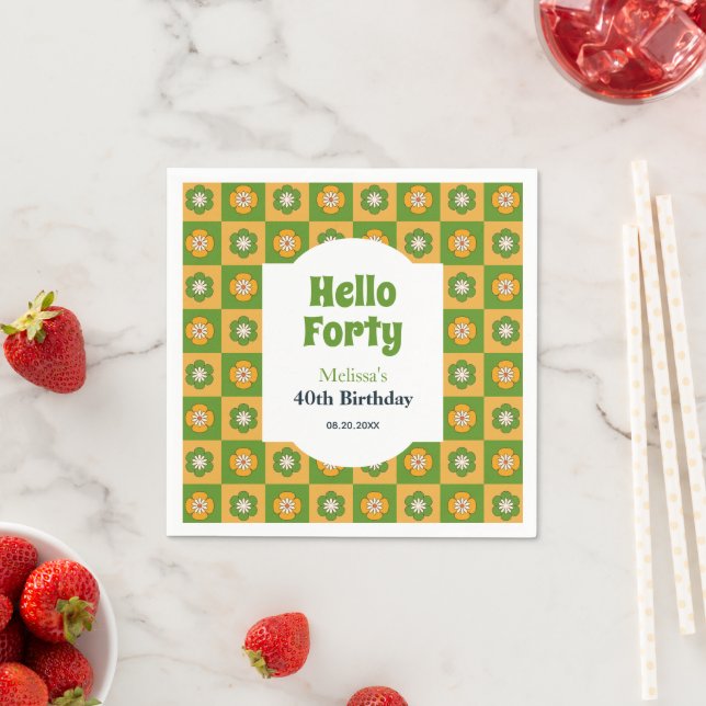 Retro Daisy Blume Checkered Hello 40 Geburtstag Serviette (Beispiel)
