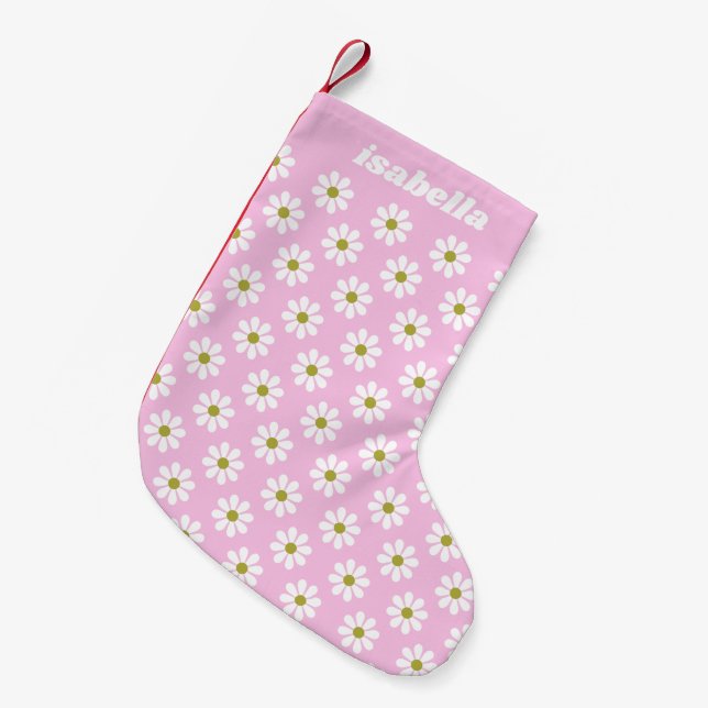 Retro Daisy Blume Muster in rosa Personalisiert Kleiner Weihnachtsstrumpf (Vorderansicht (hängend))