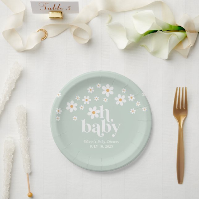 Retro Daisy boho Baby Dusche grünes Papierplatte Pappteller (Hochzeit)