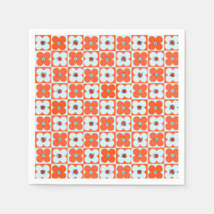 Retro Daisy Boho Checkered Orange Paper Napkin Serviette