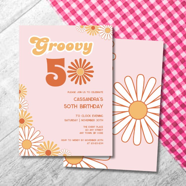 Retro Daisy Boho Orange Pink 50th Birthday Einladung (Von Creator hochgeladen)