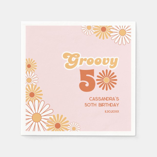 Retro Daisy Boho Orange Pink 50th Birthday Serviette (Vorderseite)
