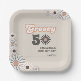 Retro Daisy Boho Terracotta Natural 50th Birthday Pappteller