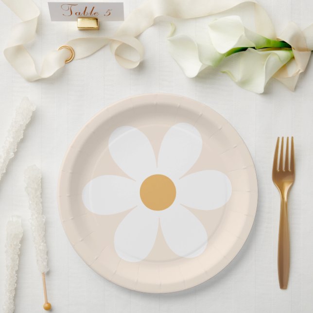 Retro daisy creme boho Papier Teller (Hochzeit)