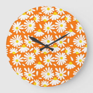 Retro daisy floral: orange Vintag. Große Wanduhr