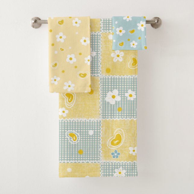 Retro Daisy Floral Pattern Yellow and Blue Badhandtuch Set (Insitu)