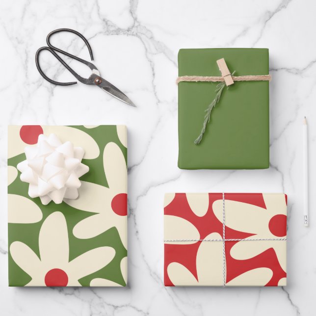 Retro Daisy Floral Weihnachtsmuster Geschenkpapier Set (Vorderseite)