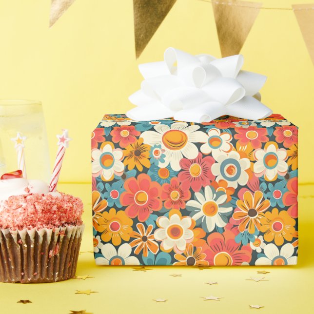 Retro Daisy Floral Wrapping Paper Geschenkpapier (Geburtstagsparty)