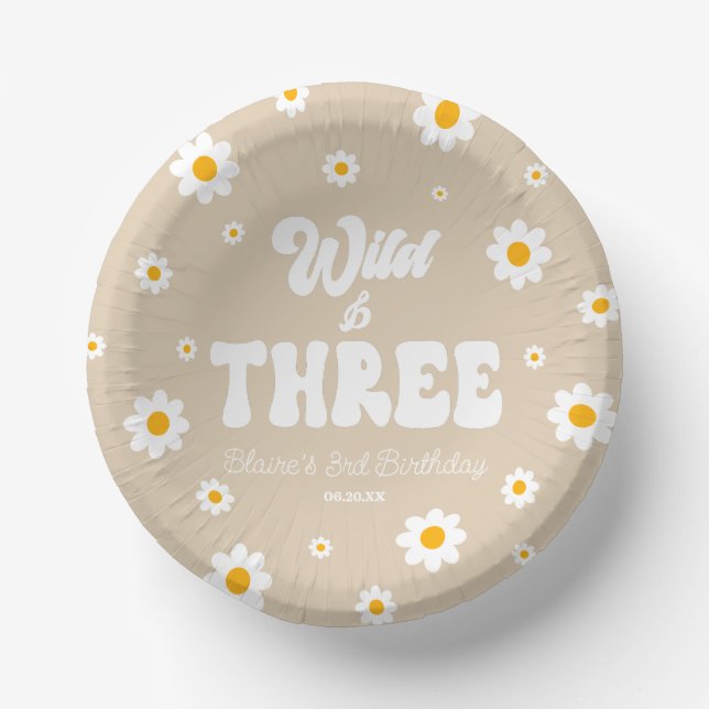 Retro Daisy Flower Wild & Three 3rd Birthday Party Pappteller (Vorderseite)